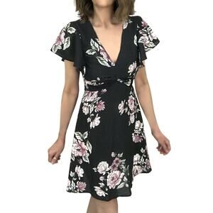 Almost Famous Floral Dress Sz M Juniors New Black Pink Empire Waist Open Back